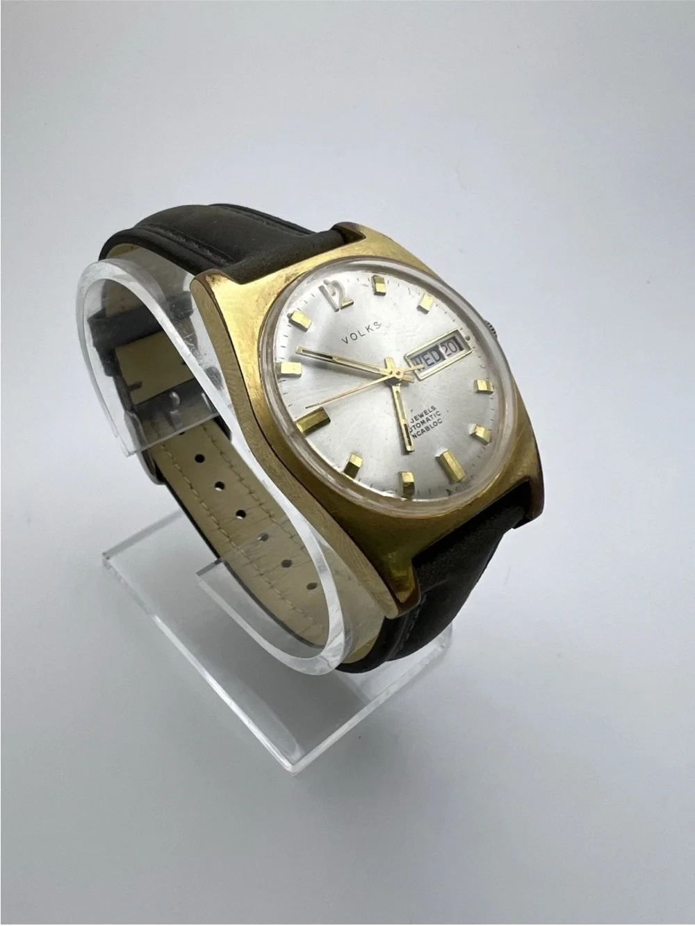 Volks Vintage Gold-Tone Automatic Watch - Silver Dial, Brown Leather